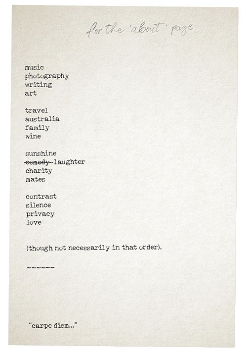 an old, typewritten sheet of paper - list of words summarizing 'about' julian cowley, plus pencil handwriting.