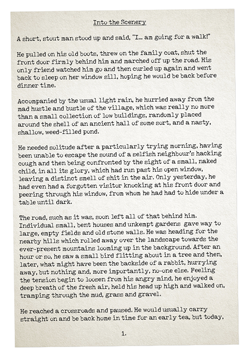an old, typewritten sheet of paper - page 1 of 'into the scenery' by julian cowley