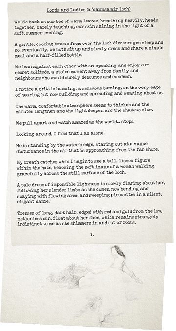 an old, typewritten sheet of paper - page 1 of 'lords and ladies' by julian cowley, plus a pencil sketch of a young woman walking forward.