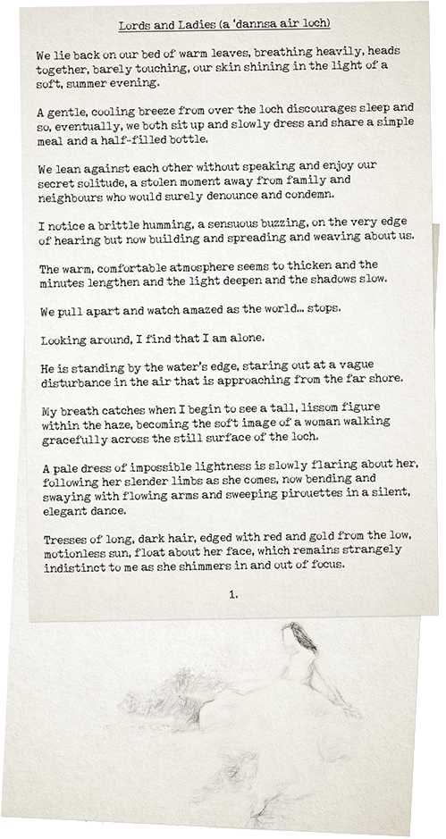 an old, typewritten sheet of paper - page 1 of 'lords and ladies' by julian cowley, plus a pencil sketch of a young woman walking forward.