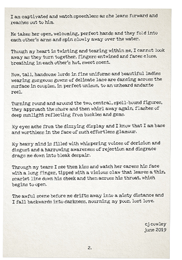 an old, typewritten sheet of paper - page 2 of 'lords and ladies' by julian cowley.