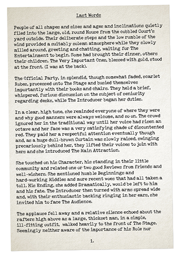an old, typewritten sheet of paper - page 1 of 'last words' by julian cowley.