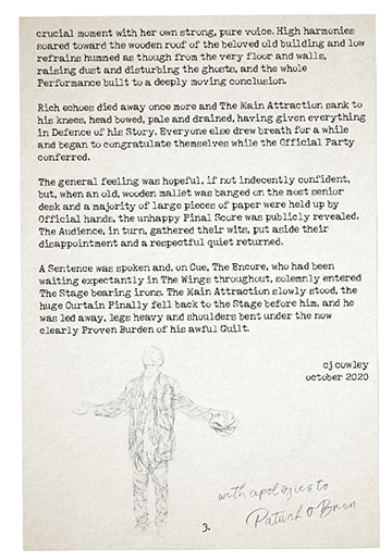 an old, typewritten sheet of paper - page 3 of 'last words' by julian cowley, plus pencil sketch of a man, plus pencil handwriting.