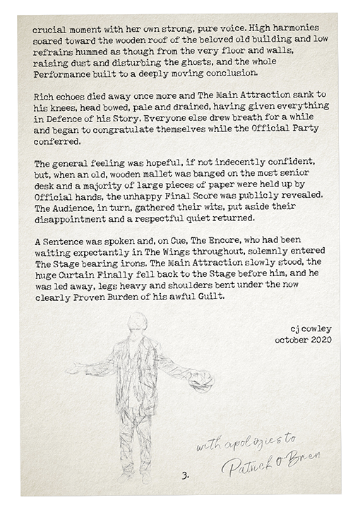 an old, typewritten sheet of paper - page 3 of 'last words' by julian cowley, plus pencil sketch of a man, plus pencil handwriting.