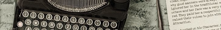 overhead photo of a vintage typewriter with sheet of typed paper on an old table top